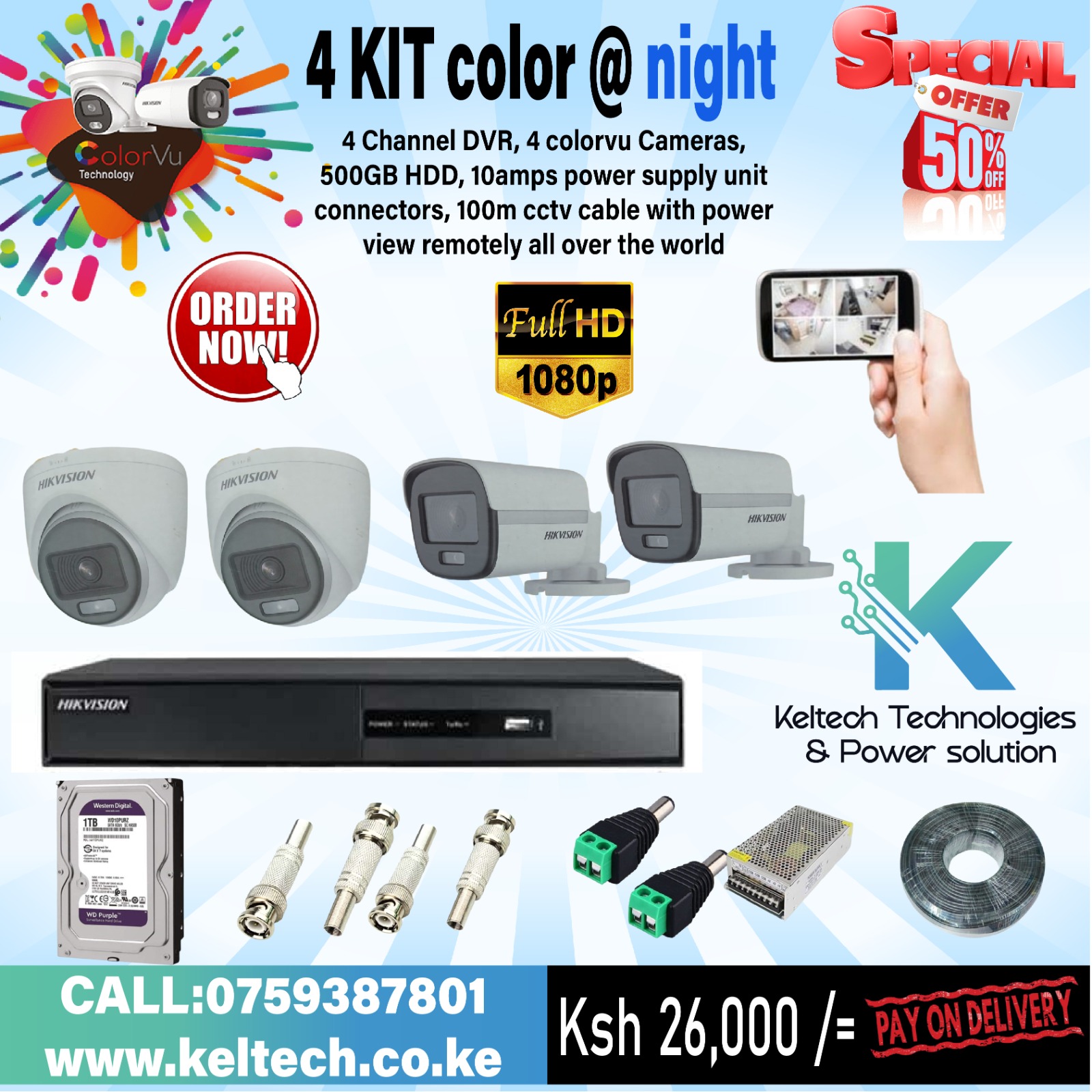 Hikvision 4 1080P 2MP Full ColourVu CCTV Cameras Complete System Kit In Nairobi Kenya