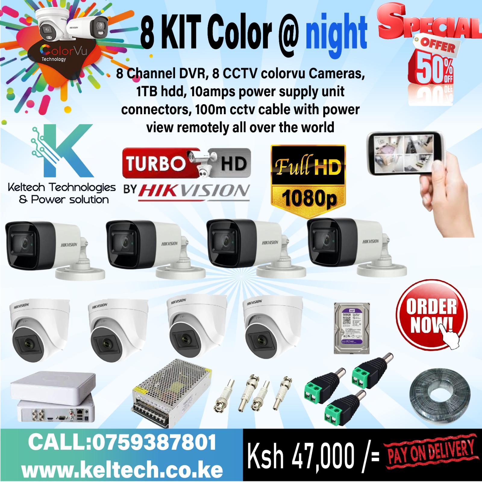Hikvision 8 1080P 2MP Full ColourVu CCTV Cameras Complete System Kit In Nairobi Kenya